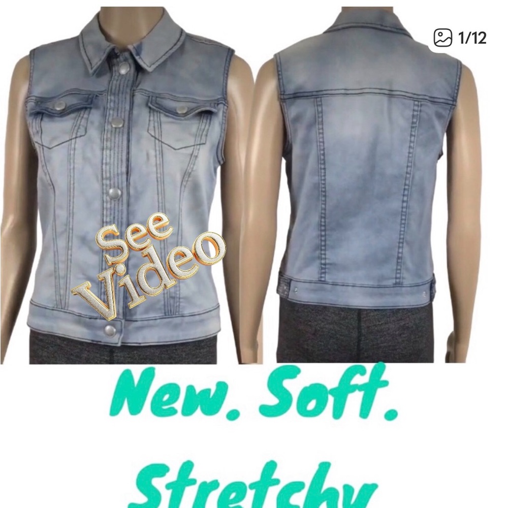 👛(ANY 2/$20) XS Women’s TRIBAL JEANS Blue Denim Vest Snap Button Chest Po…
